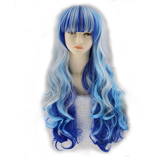 Simpleyourstyle Ombre Anime Cosplay Curl Wigs for Women 80cm / 32inch With Wig Cap (Silvery Gray/Blue)