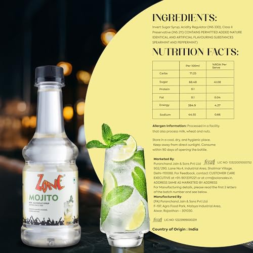 Image of Zone Mojito Flavoured Syrup | Refreshing Mint & Lime Syrup & Mixer for Cocktails, Mocktails, Mojitos, Sodas, Smoothies, Lemonades & Summer Drinks | Non Alcoholic Mix, Perfect for Cafe Restaurant | Premium Bar Syrup 300ml