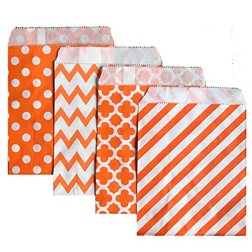 Party Favor Bag 5 7 inch, 100 pcs Food Safe Kraft Paper and Ink, Natural (Biodegradable), Vivid Colored Candy Cookie Buffet Paper Bags, Flat Paper Bag with 96 pcs 1.5 inch Stickers.(Orange Combo)