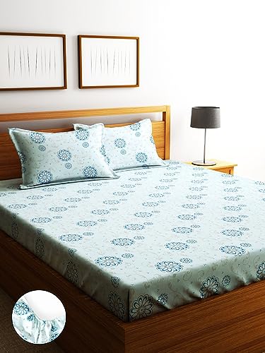 Image of Home Sizzler 144TC Daisy Dreams Light Blue Elastic Fitted Double Bedsheet with 2 King Size Pillow Covers, Fit for Mattress: 72 inchX75 inch & 72 inchX78 inch