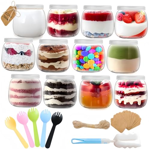 Rliocvhe 200 ml Tarros de Yogur Transparentes con Tapa 12 Piezas, Recipientes de vidrio para pudín y yogur,tarros de Cristal pequeños con tapas para conservas, mermeladas, jaleas, miel, postres