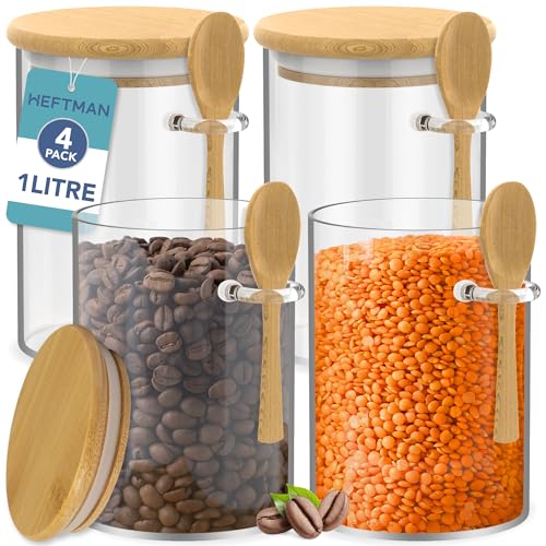 HEFTMAN Glasdosen mit Bambusdeckel - 1 Liter, 4 Stück Vorratsdosen aus Glas mit Deckel, luftdichte Silikondichtung und Löffel, ideal für Kaffee,...