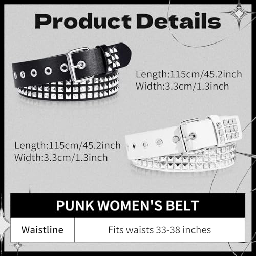 2 Pcs Black Studded Belt, Y2K Belt Goth EMO Punk Rock with Bright Pyramid Studded Rivet for Women Men (White Black)3