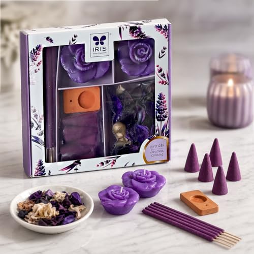Image of IRIS Lavender Fragrance Gift Set | Floating Candles, Incense Sticks, Incense Cones, Potpourri & Incense Holder | for Home Decor & Gifting.