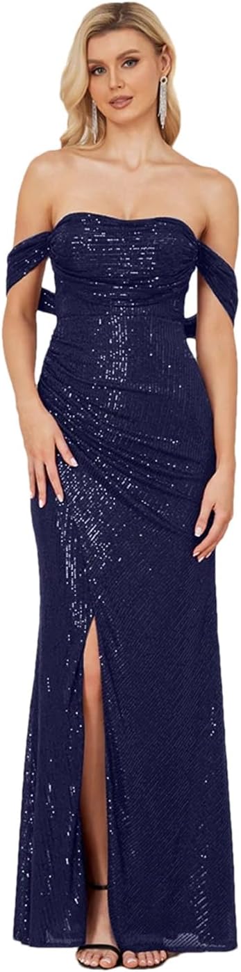 [Ornrjfll] 女性オフショルダースパンコールブラックフォーマルイブニングドレスウェディングパーティーマキシドレススリットロン