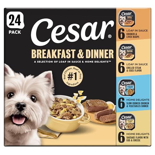 Image of Cesar Breakfast & Dinner Variety Pack Wet Dog Food, 3.5 oz, 24 Count | Real meat #1 ingredient, no fillers, no added sugar or artificial flavors, slow-cooked, easy to digest, easy peel trays