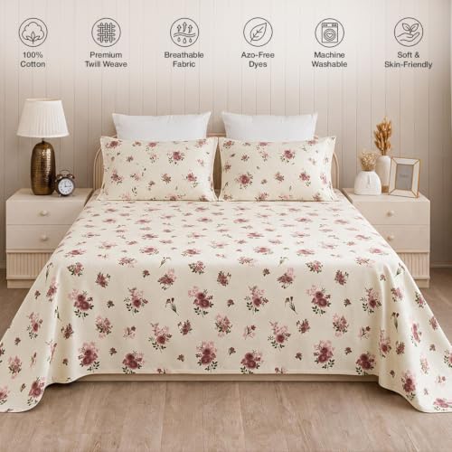 Image of HOMEMONDE Super King Size Bedsheet 108x108 Inches, 100% Pure Cotton with Two Pillow Covers, 186 TC Soft Breathable Floral Design Bedding |Premium Gift Box Included (Super King, Blush Garden)