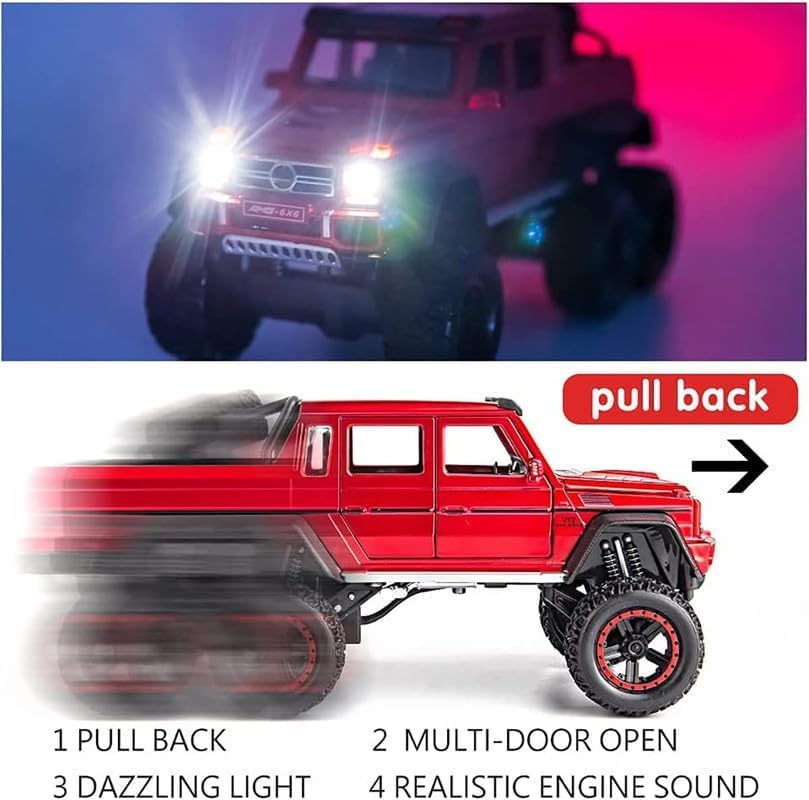 Image of Kids Model 1:24 AMG 6X6 Die Cast Metal Car Pull Back Action Opening Doors with Realistic Engine Sound Lights Toy Car Gift for Boys - Red