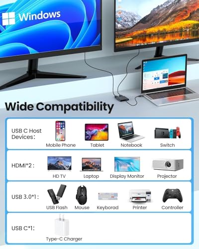 Image of USB C to Dual HDMI Adapter, 4K@60Hz HDMI Splitter for Dual Monitors with USB 3.0, 100W PD Charging, HDMI Splitter Extended Display for MacBook Air /Pro, Dell XPS, HP, Surface, Chromebook