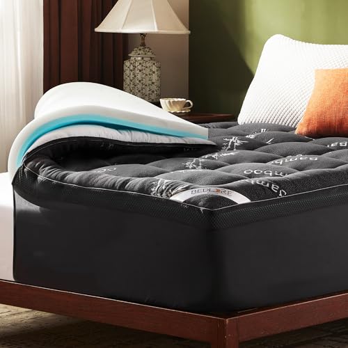 BEDLORE Mattress Topper Full Size, 4 Inch Dual Layer Mattress Pad, 2 Inch Gel Memory Foam Plus 2 Inch Plush Pillow Top Mattress Pad Cover for Back Pain, Medium-Firm (Gray) Gray Full