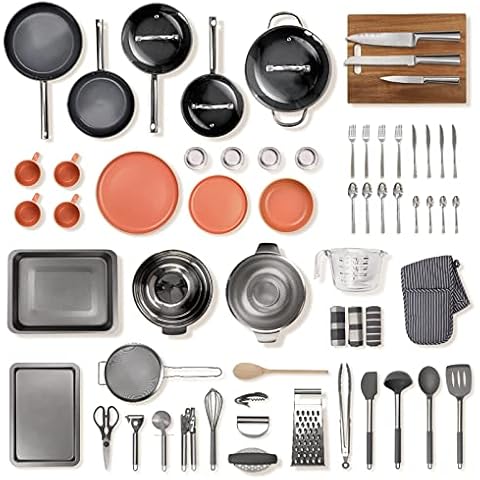 noah The Head Chef Premium Kitchen Starter Kit - Ideal for Home Movers & Students - Full Kitchen Equipment (Slate Grey Pan Set & Coral Dinner Set Set) Cover