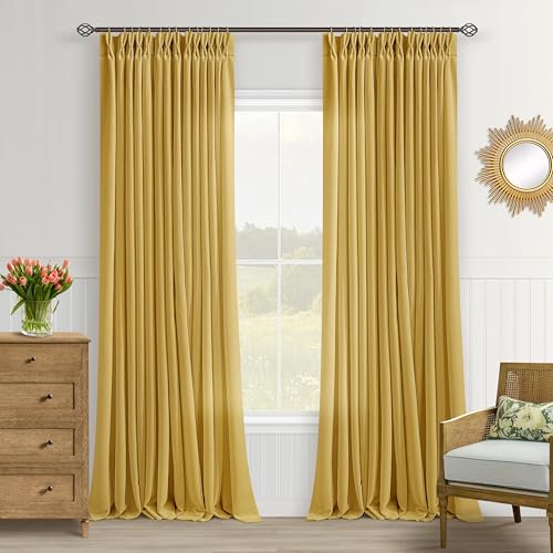 Image of Mustard Yellow Pinch Pleated Semi Sheer Linen Curtains 96 Inch for Bedroom