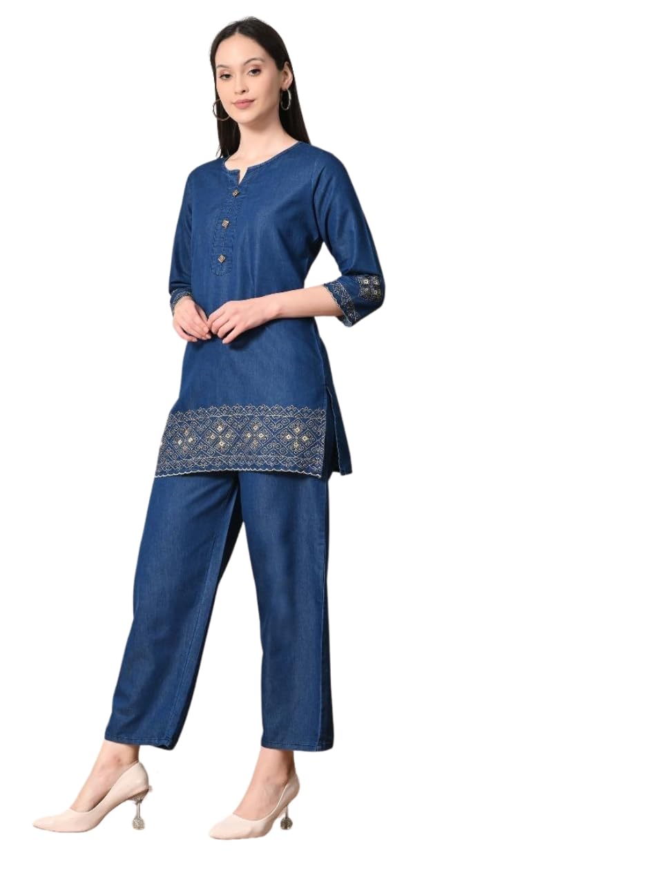 Women’s Denim Co-ord Set | Straight Fit Kurti with Pant | Stylish Casual Look |