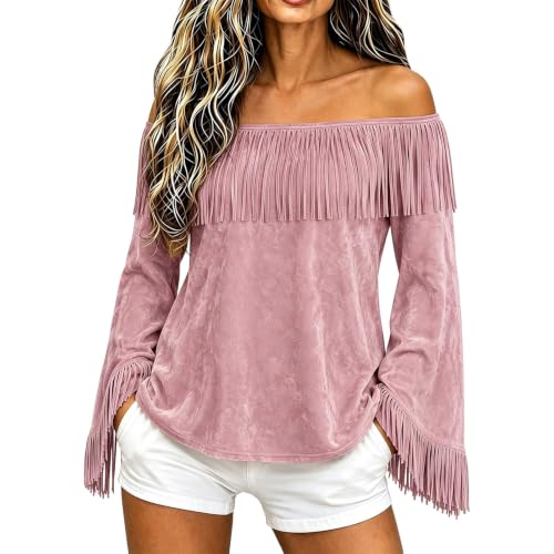 Cowgirl Shirt for Women Off the Shoulder Western Fringe Tops Red - image 4