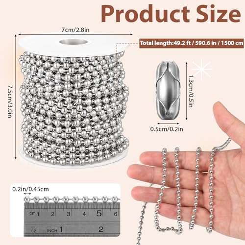 image for Yuanan 49.2 Ft Pull Chain Extension, 4.5 mm Ball Chain Stainless Steel
