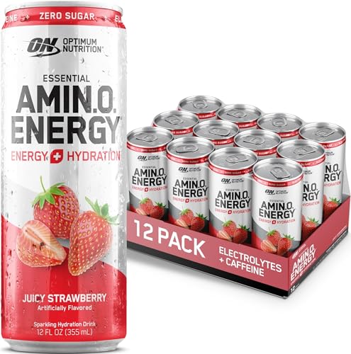 Image of Optimum Nutrition Amino Energy Sparkling Hydration Drink, Electrolytes, Caffeine, Amino Acids, BCAAs, Sugar Free, Juicy Strawberry, 12 Fl Oz, 12 Pack (Packaging May Vary) | 12 Fl Oz On The Go Sparkling Hydration Drink with Electrolytes and BCAAs, Zero Sugar, 100mg Caffeine Per Serving, 12-Pack