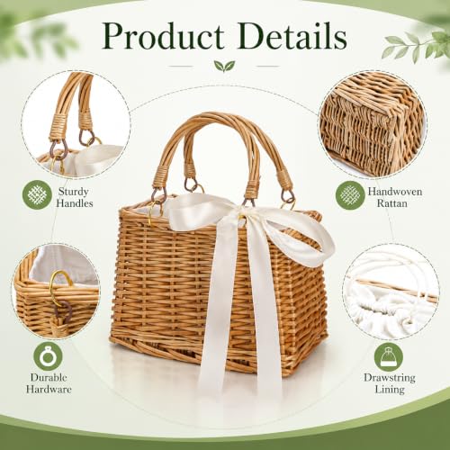 Image of Pumtus Handwoven Rattan Handbag, Wicker Rectangle Basket Purse with White Ribbon, Summer Beach Top Handle Clutch, Boho Style Woven Purse, Rustic Flower Basket for Women, Travel, Vacation, Wedding