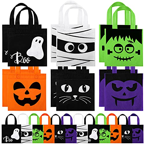 Waline 30 Pack Halloween Non-Woven Reusable Trick or Treat Tote Gift Bags - Pumpkin Ghost Bat Mummy Monster Cat Party Favor Candy Goodie Bags with Handle for Teens Birthday