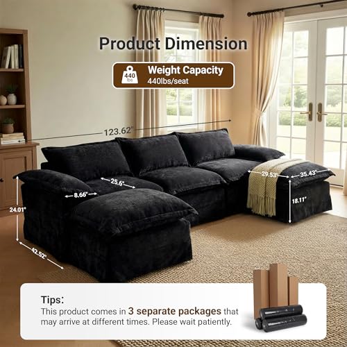 Image of Claiks 123 inch Modular Boneless Couch, U Shaped Couch for Living Room, Modern Deep Seat Sofa 3 Seater Chenille Fabric Comfy Cloud Couches with Movable Ottoman, Black