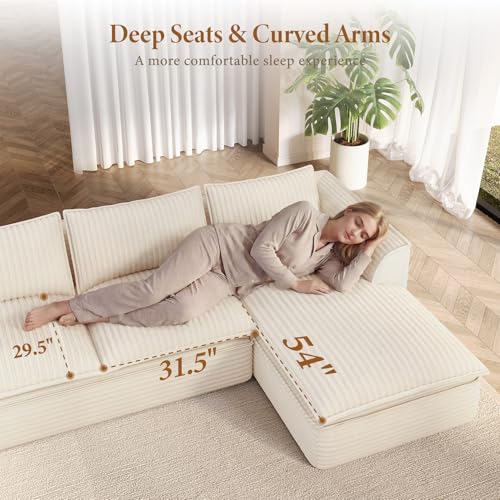 Image of Vesgantti 141.7 inch U Shaped Sectional Boneless Couch, Modern 6 Seater Modular Sofa with Chaise & Ottoman, Deep Seat Plush Corduroy Cloud Couches for Living Room, No Assembly Required, Beige