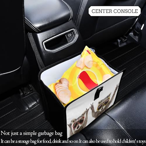 Image of Funny Raccoons Sunglasses Animal Car Trash Can, Foldable Hanging Car Trash Bag, Small Waterproof Car Accessories Garbage Bin