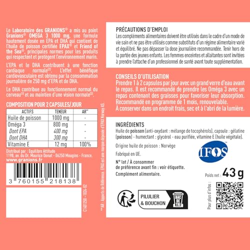 OMEGA 3 1000 mg GRANIONS | Huile de Poisson Sauvage EPAX -Haute Concentration Omega 3 DHA EPA + Vitamine E - Complément Alimentaire Omega3 - Oméga-3 Sans OGM, Certifié Friend of the Sea- 60 Capsules – Image 5