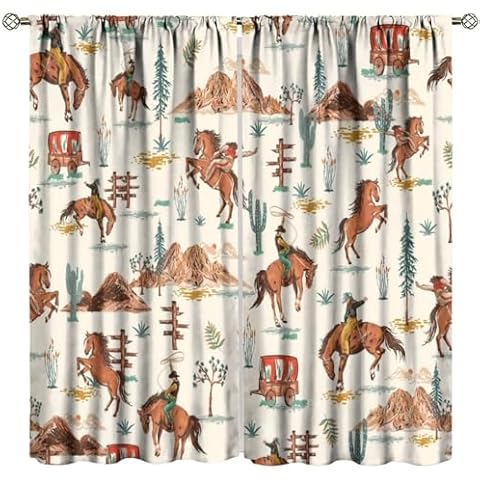 NQNFWCRJ Western Cowboy Curtains, Vintage Wild Horse Desert Cactus Farmhouse Country Print Window Treatments for Living Room Bedroom 42" W X 63" L Cover