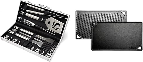 Cuisinart CGS-5020 Funda de transporte de aluminio para herramientas de barbacoa, juego de parrilla de lujo, 20 piezas y parrilla reversible Lodge