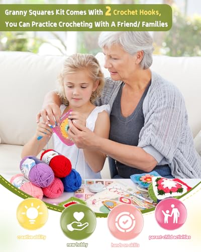 Image of Katech Crochet Kit for Beginners Adults with Step-by-Step Video Tutorials, 50 Granny Square Kit for Beginner Learn to Crochet, Crochet Starter Kit for Crocheter w / 12 Upgraded Yarn-Beginner Friendly