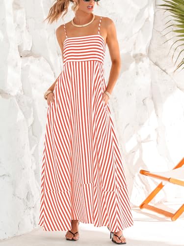 Image of CUPSHE Womens Summer Maxi Dress Casual Sleeveless Square Neck Striped Beach Long Dress with Pockets
