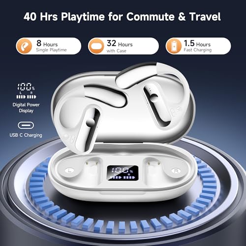 Image of Open Ear Headphones, Bluetooth 5.4 Wireless Earbuds with Ear Hooks, 40H Playtime, AI Clear Call, LED Display Charging Case, IPX7 Waterproof Sports Earphones for Running Workouts Commute, White