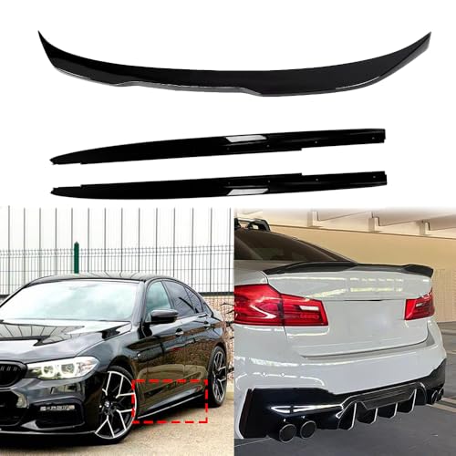 Mactoom Rear Trunk Spoiler+ Side Skirts Compatible with BMW 5 Series G30 G38 M5 F90 2018-2023 M Sport Sedan 4-Door CS Style Rear Tail Trunk Spoiler Wing +MP Style Side Skirt ABS (Gloss Black)
