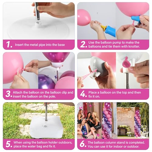 Image of 2 Sets Pink and Purple Balloon Column Stand Kit with 102 Balloons Adjustable Balloon Tower Stand with Bases for Floor Confetti Balloons Column Kit for Graduation Birthday Appreciation Party Decor