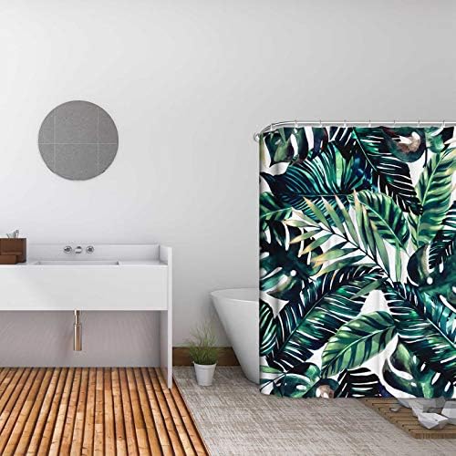 Shower Curtain Fabric, Printed Waterproof Shower Curtain 180*180cm, Dark Green Painted Plantain Bamboo Leaf Waterproof and Mildewproof White Polyester Fabric Bathroom Curtain