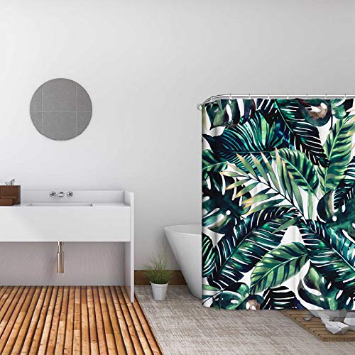 JTOOYS Shower Curtain Fabric, Printed Waterproof Shower Curtain 180 * 180cm, Dark Green Painted Plantain Bamboo Leaf Waterproof and Mildewproof White Polyester Fabric Bathroom Curtain - Image 2