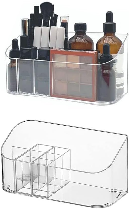 LINFIDITE 2 Pack Bathroom Cabinet Cosmetic Storage Tray Makeup Organizer Tray with 9 Compartments 2 Removable Dividers Lipgloss Organizer Makeup Display Tray Case for Beauty Essentials Crystal Clear