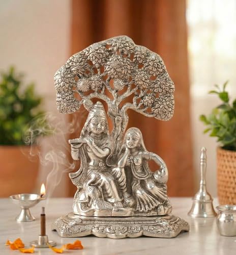 Image of KridayKraft Metal Radha Krishna Idol with Under Tree Decorative Showpiece Statue for Puja Room Home Office Desk Gift Items Ornate Metal Sculpture of Hindu Deities, 18 cm Height Silver