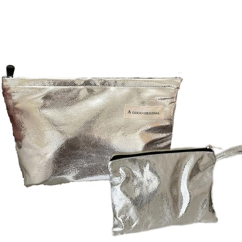 2 Pcs Makeup Bag for Women Large Capacity PU Cosmetic Bag Set Travel Toiletry Bag Silver Glitter Cute Makeup Pouch for Purse Portable Organizer Travel Accessories