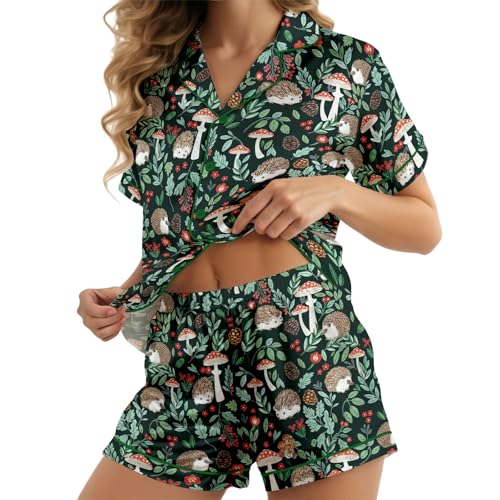 Image of HUNTFAMI Women Silky 2 Pcs Satin Pajama Set Long Sleeve Button Down | Satin pajama set; Short-sleeves in a coordinated 2-piece; funny printed; colourful style