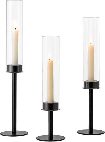 Miniatura 9 de Hewory Portavelas dorados para huracán, 3 unidades, candelabros, portavelas cónicos con cubierta de vela de cristal, para mesa de boda, centro de