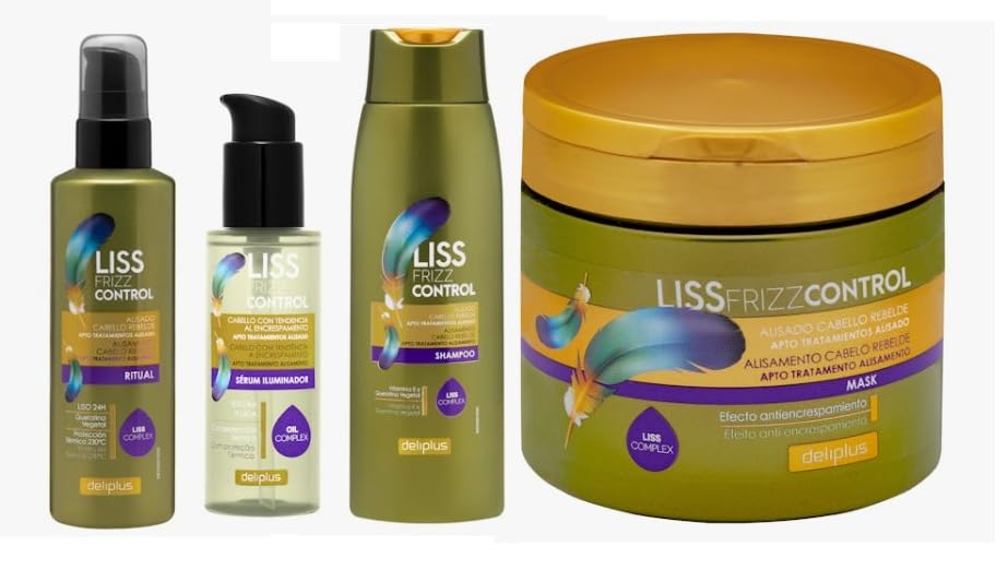 Pack alisador de Cabello rebelde | Mascarilla, Champú, Sérum, Hidrocrema | Serie Liss Frizz Control Deliplus [4 Productos]