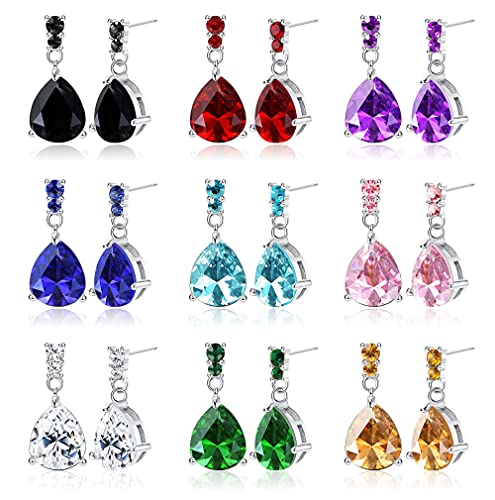 JOERICA 9 Pairs Stainless Steel CZ Dangle Earrings for Women Crystal Teardrop Earrings Set Multicolor Cubic Zirconia Birthstone Drop Earrings
