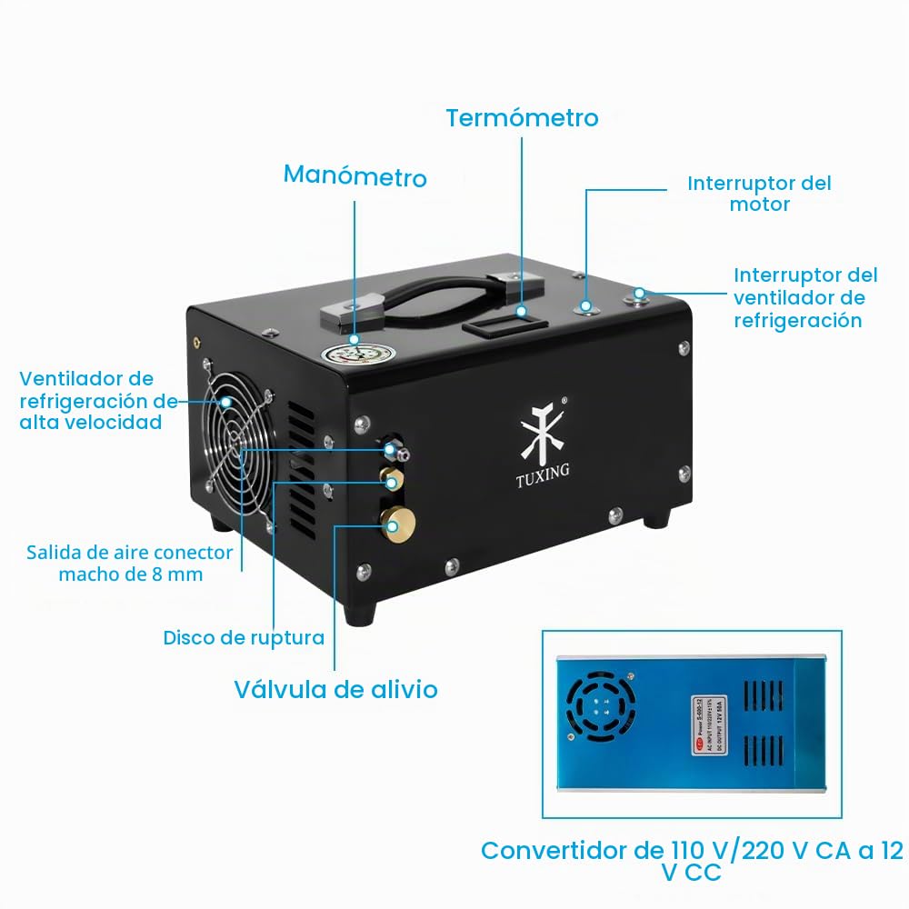 TUXING 300Bar 30Mpa, compresor portátil de 12 V para PC, sin aceite, alimentación de 12 V CC o 220 V CA para el hogar con adaptador, rifle de aire inflador para PC(TXET061-1)