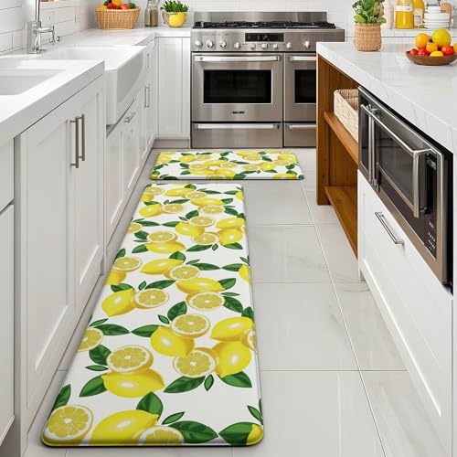 MAYHMYO Lemon Kitchen Mat Set of 2 - Anti Fatigue Mats for Kitchen Floor - Non Slip Cushioned Rugs for Standing - Lemon Decor (17.3"×29"+17.3"×47"-0.4") White