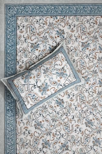 Image of elanorhomes 100% Cotton 240 TC Single Bedsheet for Single Bed, 60 x 90 inch Cotton Bed Sheet with 1 Pillow Cover, Soft Breathable Floral Printed Bedsheet for Bedroom (Blue Floral Feast)