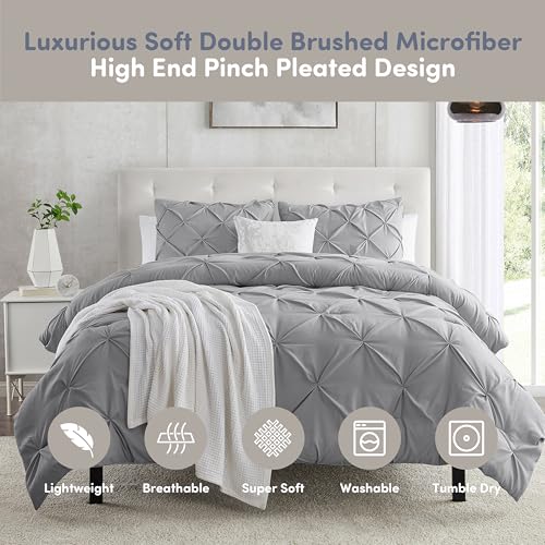 Image of Nestl Grey Duvet Cover Full Size - Soft Double Brushed Duvet Set with Button Closure & Corner Ties, 3 Piece Luxurious Pinch Pleated Duvet Cover Set 80x90 Inches with 2 Pillow Shams