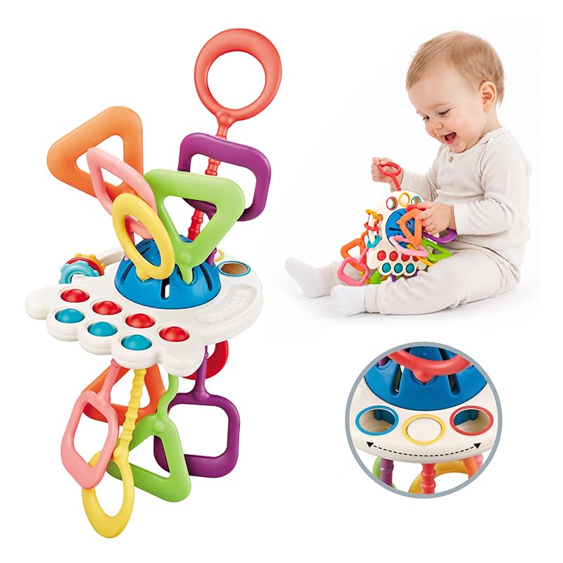 COMTAY Baby Toys 6-12 Months Montessori Silicone Pulling Toy for Babies 6 in 1 Pull String Sensory Toy Baby Teething Toy Car Seat & Stroller Toys Gift for 1 Year Old Boy Girl