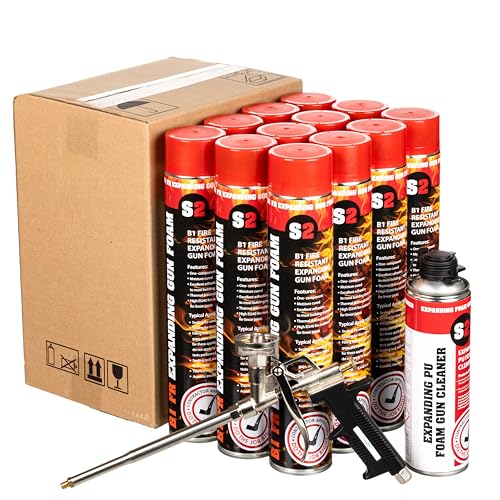 STICK2 B1 Fire Rated Expanding Foam | PU Gun Foam Filler for Gaps & Insulation | 12 x 750ml + Gun & Cleaner | High Adhesion, Thermal Protection & Fire Resistance for Construction Use