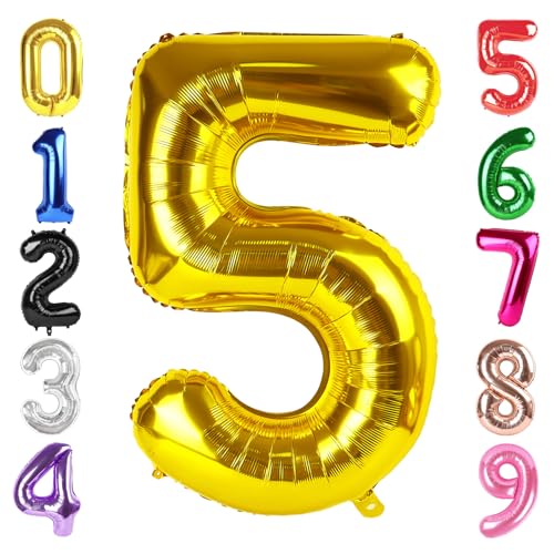 Image of 40 Inch Gold Number 5 Balloon Birthday Party Decorations for Men & Women | 40 Inch Gold inflatable foil number balloons, large birthday decorations for 5th birthday