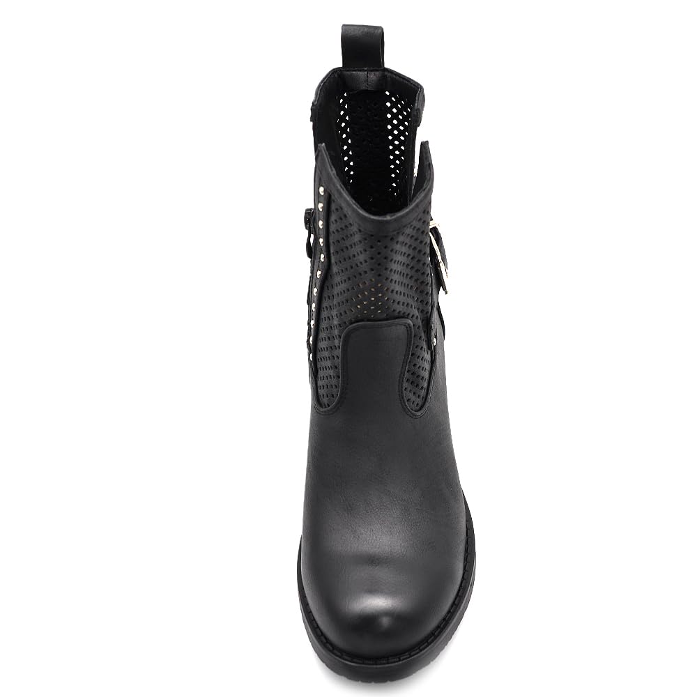 IF Botas de motorista para mujer, perforadas con hebillas para primavera, verano, piel sintética, efecto vaquero, GR-6656